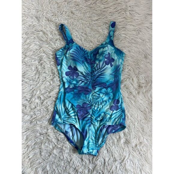 Maxine Womens Vintage Blue Tropical Floral Shirred Front One Piece Swimsuit 16 - Picture 1 of 14